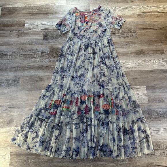 Johnny Was Biya Logan Tiered Mesh Maxi Dress Embroidered Boho Sheer Size S - Picture 2 of 15